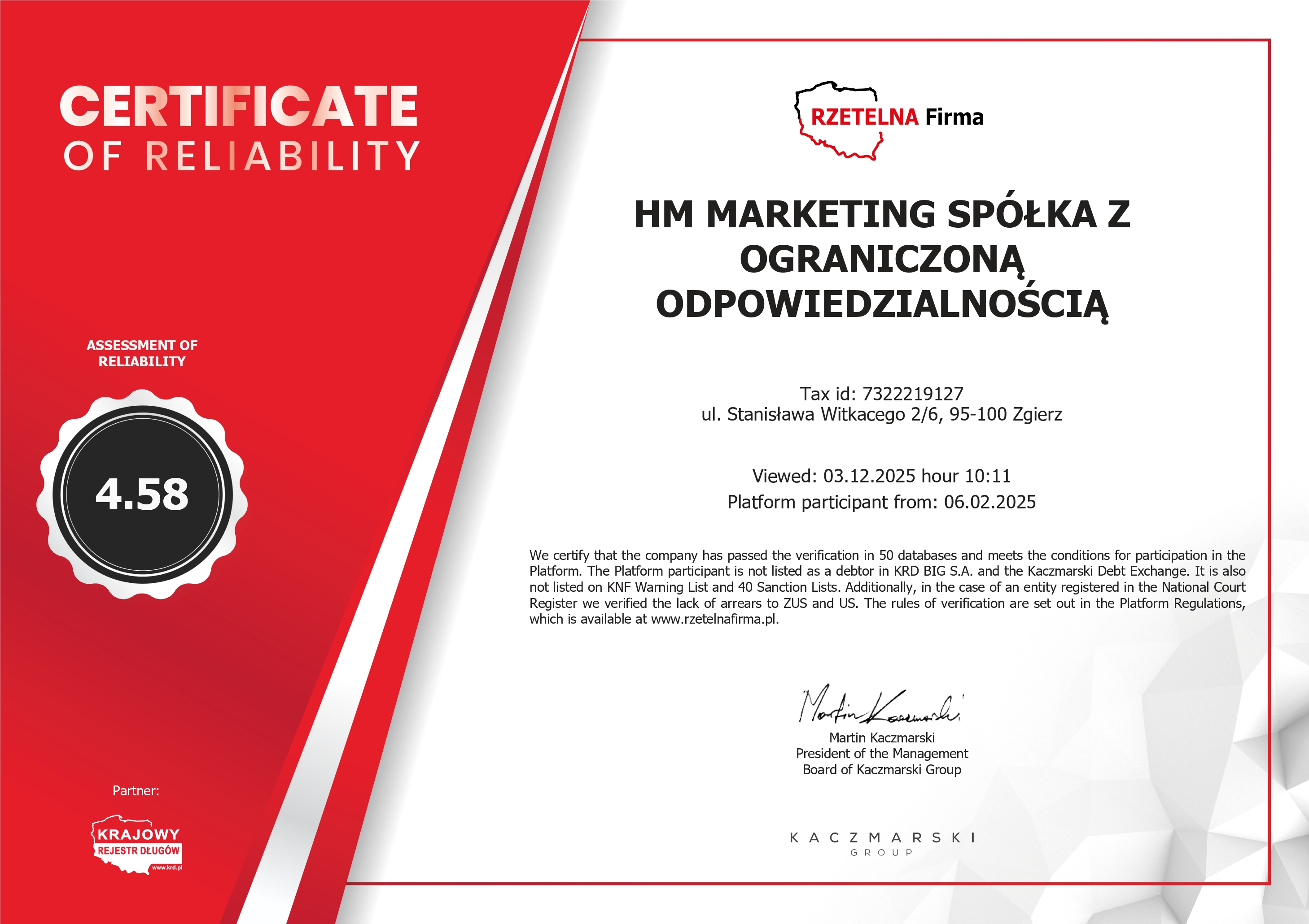 Certificate of Reliability for HM Marketing Sp. z o.o.